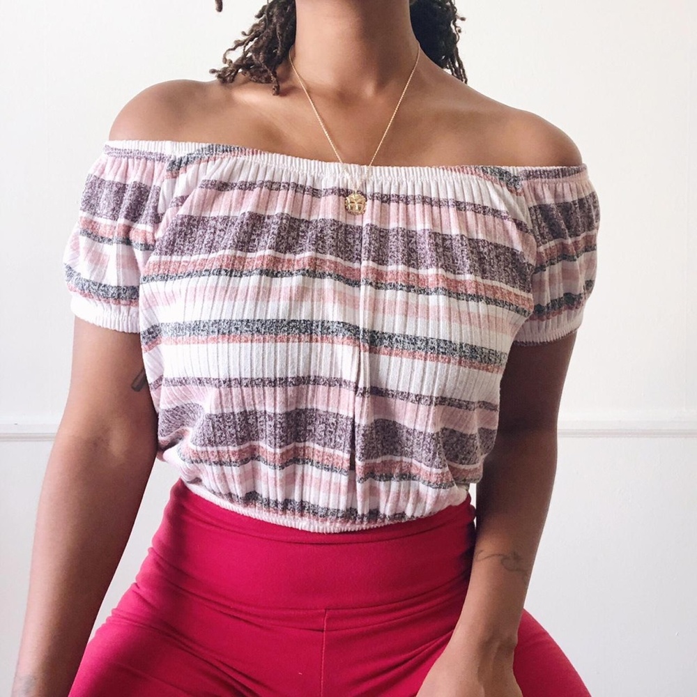 pink striped ribbed off the shoulder crop top